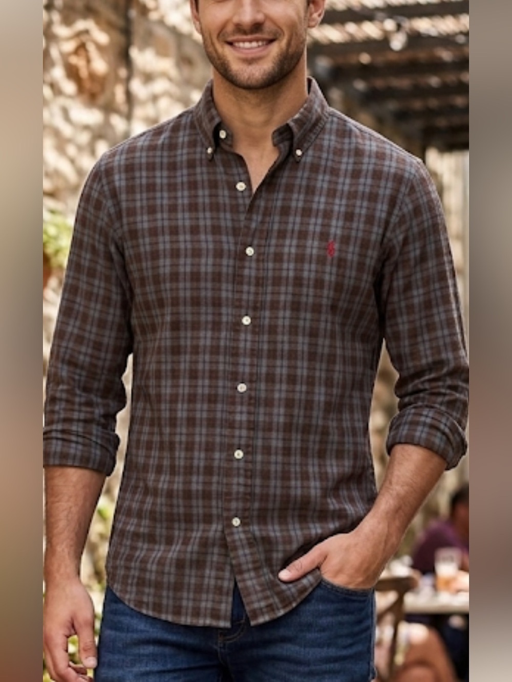 RALPH LAUREN Dark Brown Checkered Flannel Shirt Red Pony Logo XL